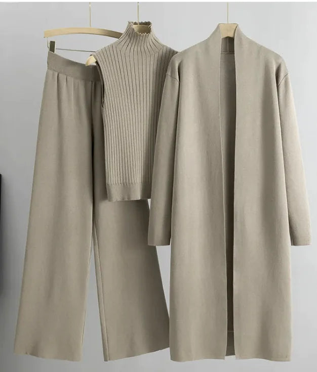 Ensemble 3 pièces femme - Gilet long, pull sans manches et pantalon large en maille