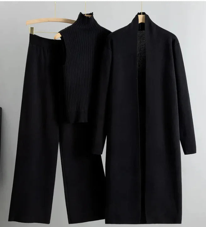 Ensemble 3 pièces femme - Gilet long, pull sans manches et pantalon large en maille