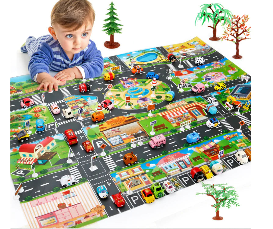 Tapis de jeu avec véhicules et panneaux de signalisation