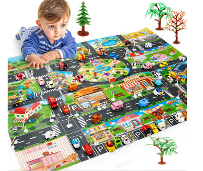 Tapis de jeu avec véhicules et panneaux de signalisation