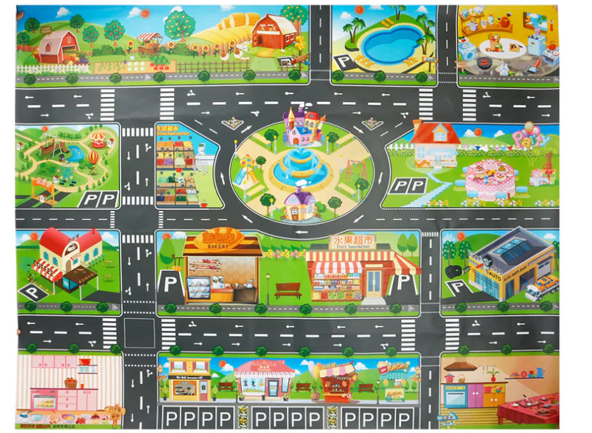 Tapis de jeu avec véhicules et panneaux de signalisation