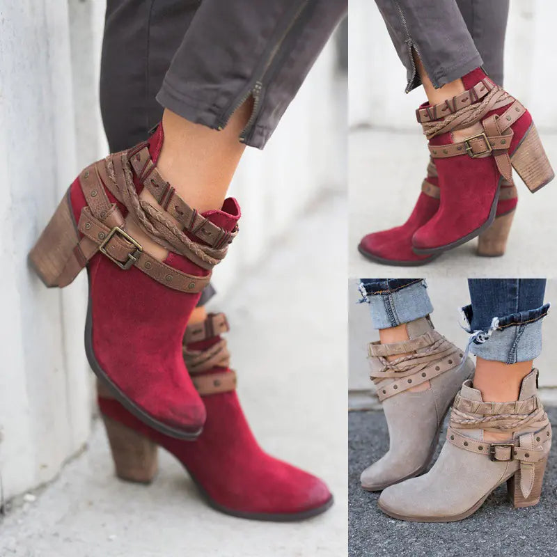 Bottines à Gros Talon pour Femme - Style Chic avec Boucle de Ceinture
