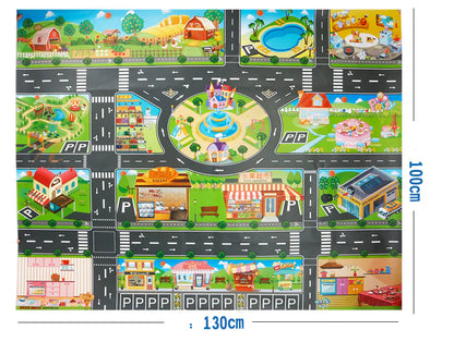 Tapis de jeu avec véhicules et panneaux de signalisation