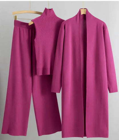 Ensemble 3 pièces femme - Gilet long, pull sans manches et pantalon large en maille