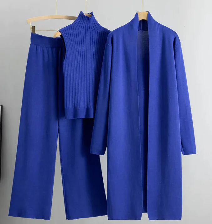 Ensemble 3 pièces femme - Gilet long, pull sans manches et pantalon large en maille