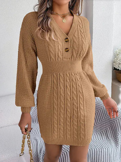 Robe Femme Élégante - Manches Longues Lanterne & Boutons