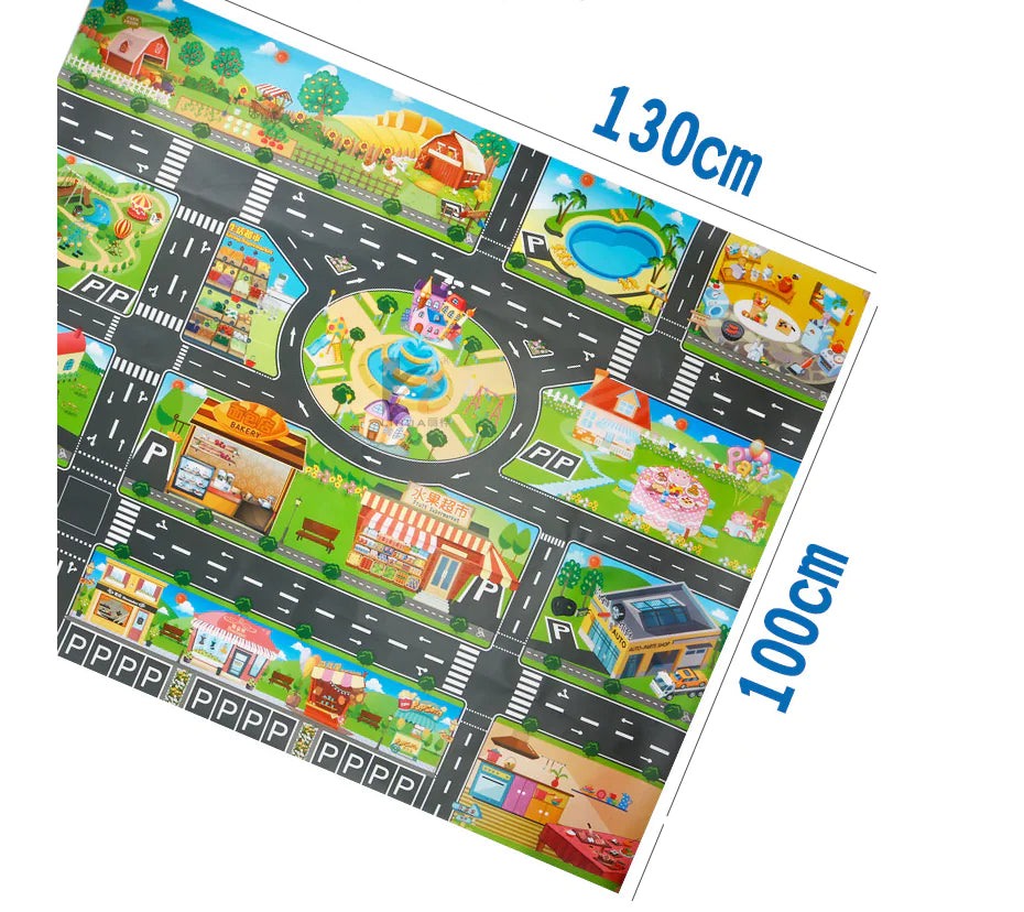 Tapis de jeu avec véhicules et panneaux de signalisation