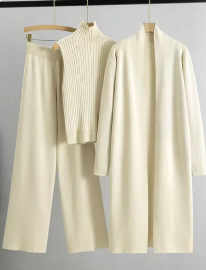 Ensemble 3 pièces femme - Gilet long, pull sans manches et pantalon large en maille