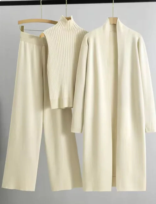 Ensemble 3 pièces femme - Gilet long, pull sans manches et pantalon large en maille