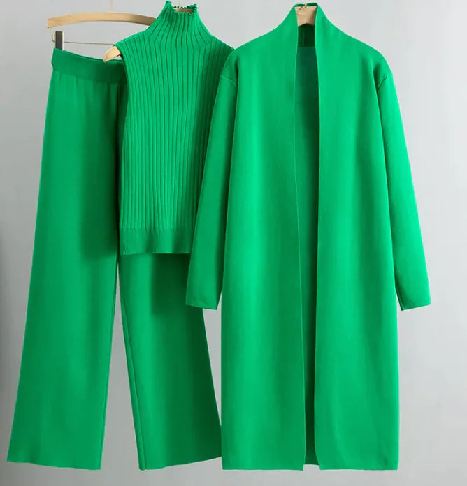 Ensemble 3 pièces femme - Gilet long, pull sans manches et pantalon large en maille