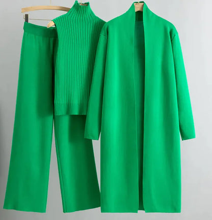 Ensemble 3 pièces femme - Gilet long, pull sans manches et pantalon large en maille