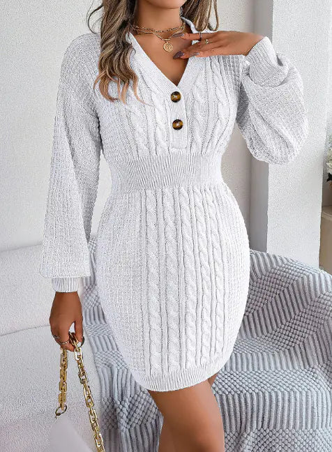 Robe Femme Élégante - Manches Longues Lanterne & Boutons